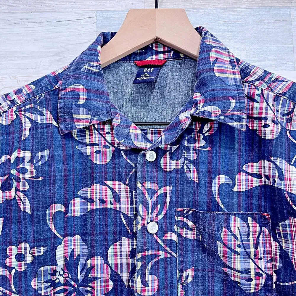 GAP Vintage 90s Tropical Floral Hawaiian Camp Shirt Blue Red Boys Small 5 6
